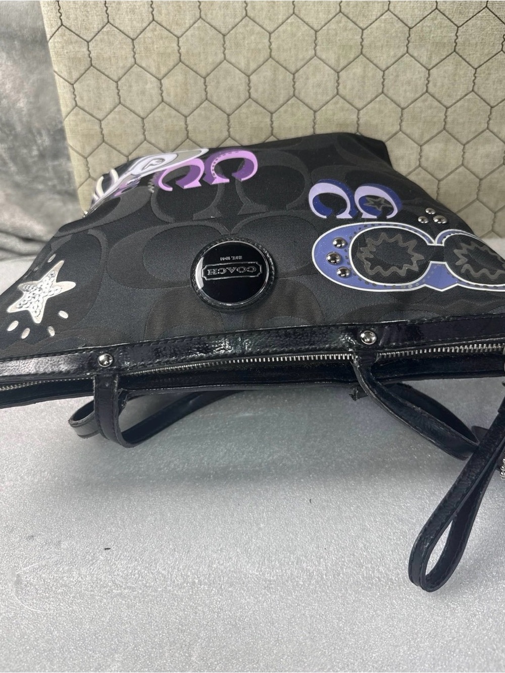 Coach Black Tote with Purple and Lavender Graphic Accents - Picture 6 of 10